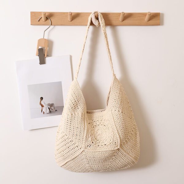 Large Capacity Cotton Braided Grandma Plaid Straw Woven Vacation Beach Versatile Women's Bag - Image 6