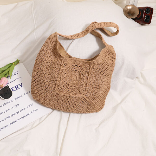 Large Capacity Cotton Braided Grandma Plaid Straw Woven Vacation Beach Versatile Women's Bag - Image 4