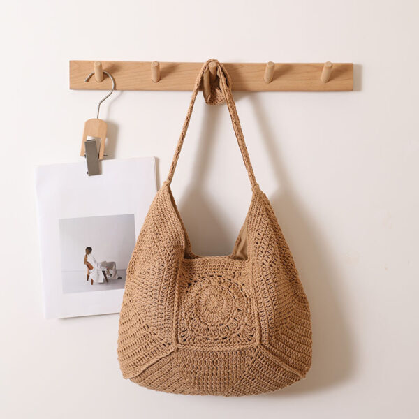 Large Capacity Cotton Braided Grandma Plaid Straw Woven Vacation Beach Versatile Women's Bag - Image 7