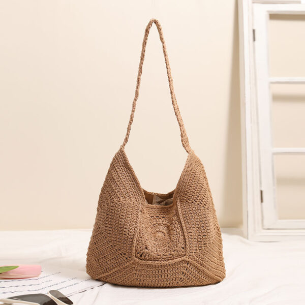 Large Capacity Cotton Braided Grandma Plaid Straw Woven Vacation Beach Versatile Women's Bag - Image 3