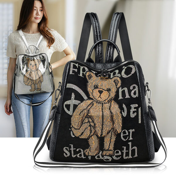 Women's Letter Multi-functional Rhinestone Bear Leather Backpack - Image 2