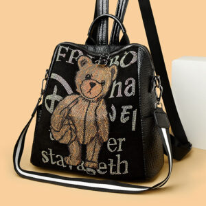 Women's Letter Multi-functional Rhinestone Bear Leather Backpack