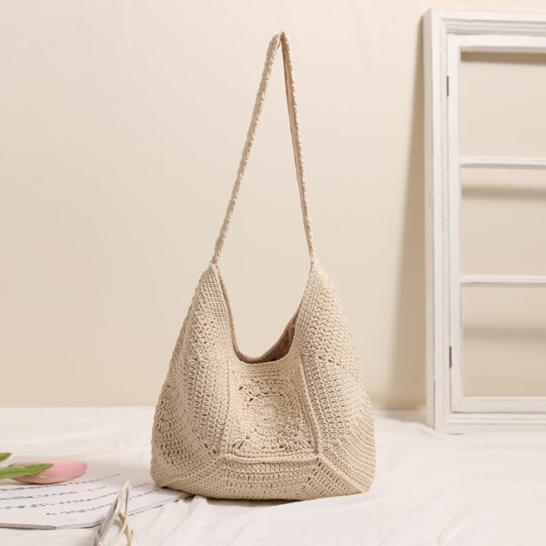 Large Capacity Cotton Braided Grandma Plaid Straw Woven Vacation Beach Versatile Women's Bag - Image 2