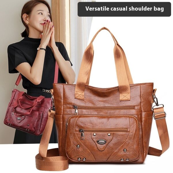 Large Capacity Soft Leather Washed Leisure Commute Shoulder Bag - Image 2