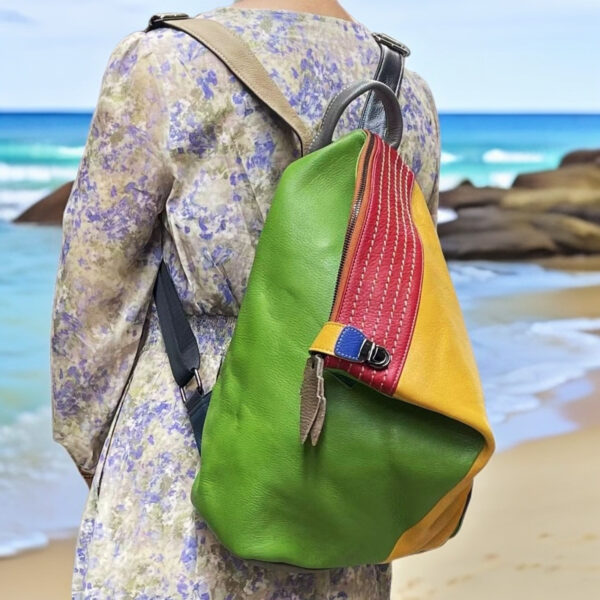 European And American Style Women's Leather Backpack Color Leather Stitching Lock Anti-theft Zipper Travel Bag - Image 4