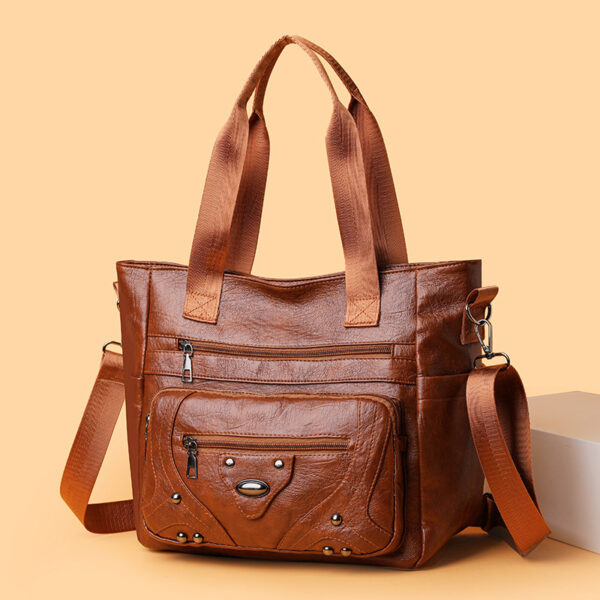 Large Capacity Soft Leather Washed Leisure Commute Shoulder Bag - Image 3