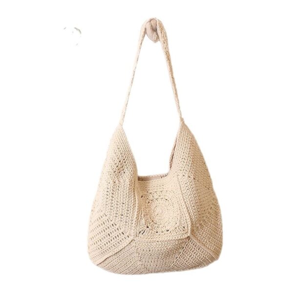 Large Capacity Cotton Braided Grandma Plaid Straw Woven Vacation Beach Versatile Women's Bag - Image 5